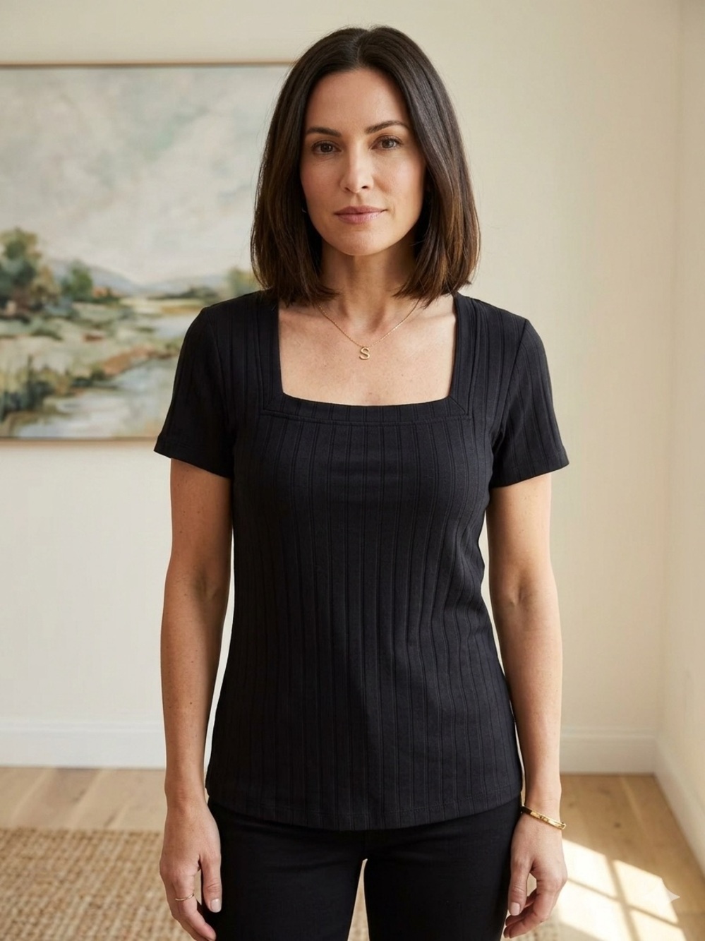 Sanctuary Black Square Neck Ribbed Short Sleeve Top Anthropologie